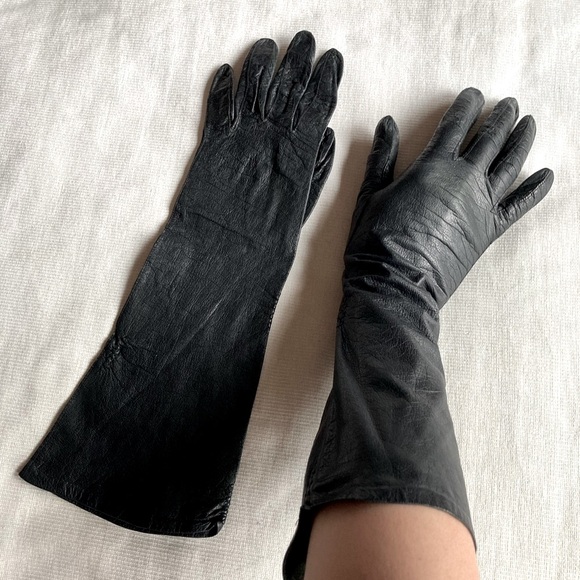 Vintage Elegant Black Leather Long Gloves Size 6.5 Small 14” Length